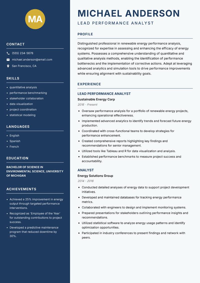 Renewable Energy Performance Analyst resume template — Classic Clean