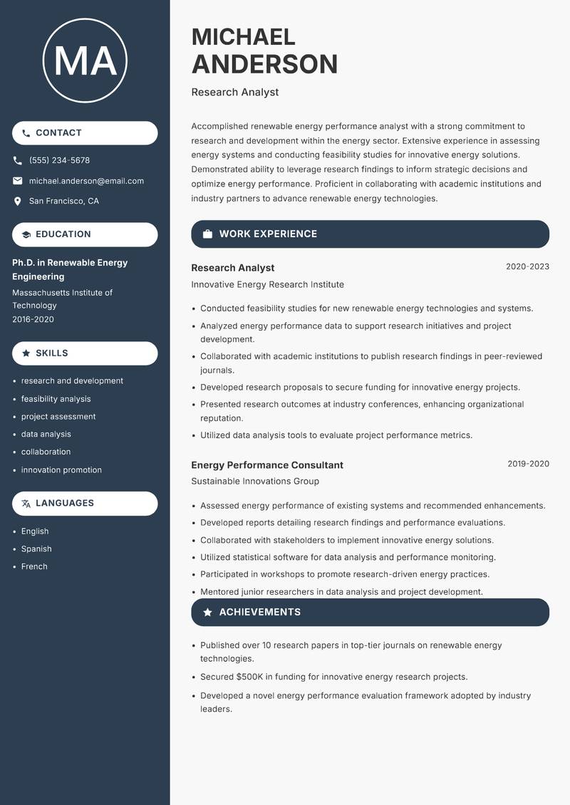 Renewable Energy Performance Analyst resume template — Compact