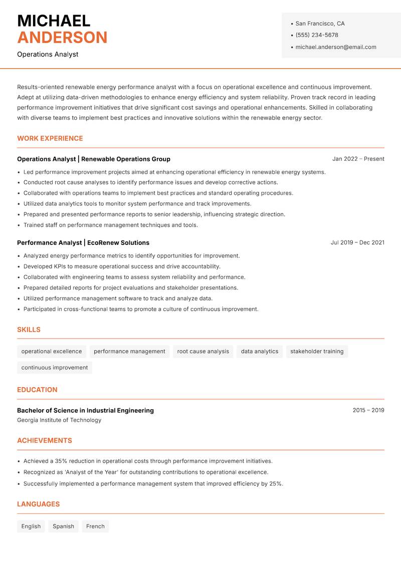 Renewable Energy Performance Analyst resume template — Modern Professional