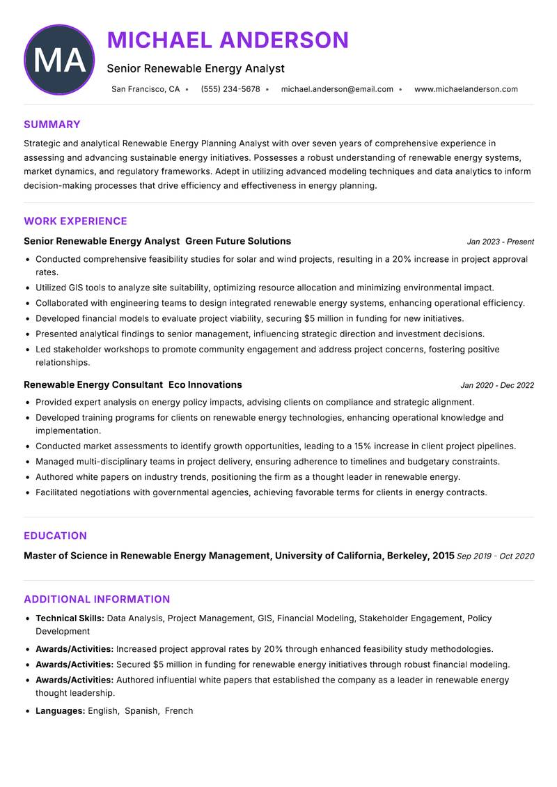 Renewable Energy Planning Analyst resume example — ATS-friendly template