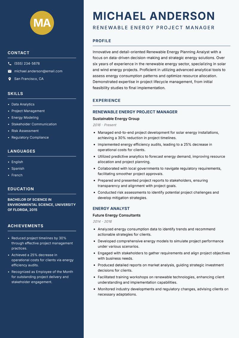 Renewable Energy Planning Analyst resume template — Classic Clean