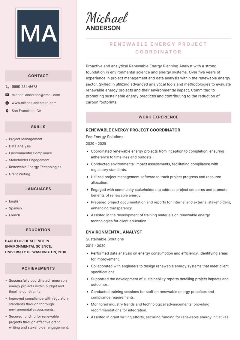 Renewable Energy Planning Analyst resume template — Executive