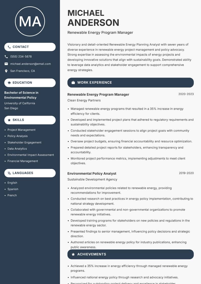 Renewable Energy Planning Analyst resume template — Compact