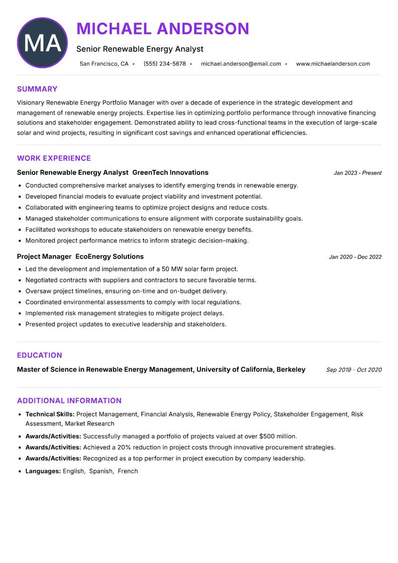 Renewable Energy Portfolio Manager resume example — ATS-friendly template