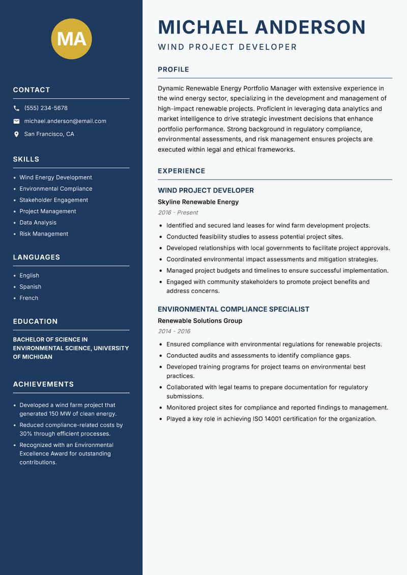 Renewable Energy Portfolio Manager resume template — Classic Clean