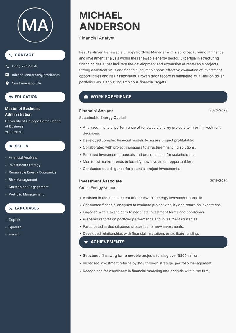 Renewable Energy Portfolio Manager resume template — Compact