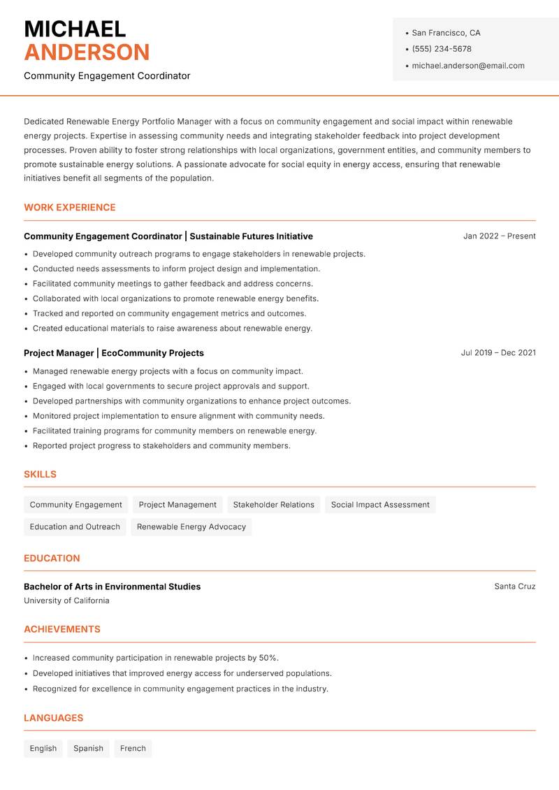 Renewable Energy Portfolio Manager resume template — Modern Professional