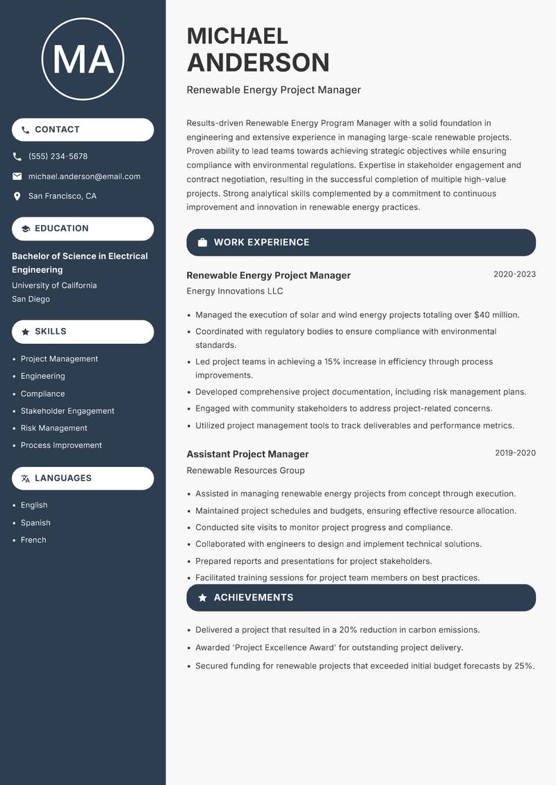 Renewable Energy Program Manager resume template — Compact