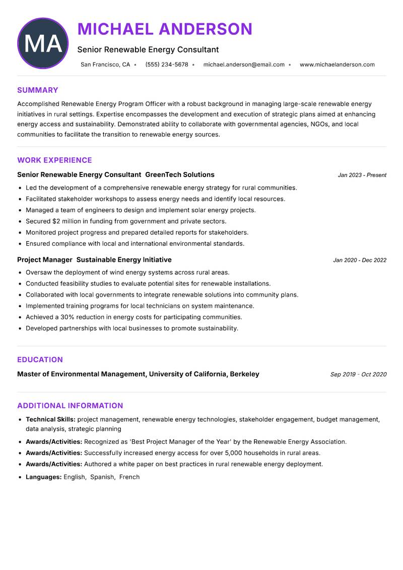 Renewable Energy Program Officer Rural resume example — ATS-friendly template