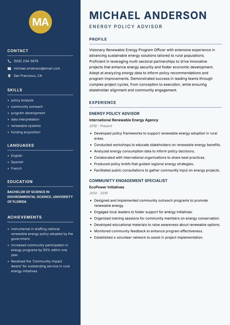 Renewable Energy Program Officer Rural resume template — Classic Clean