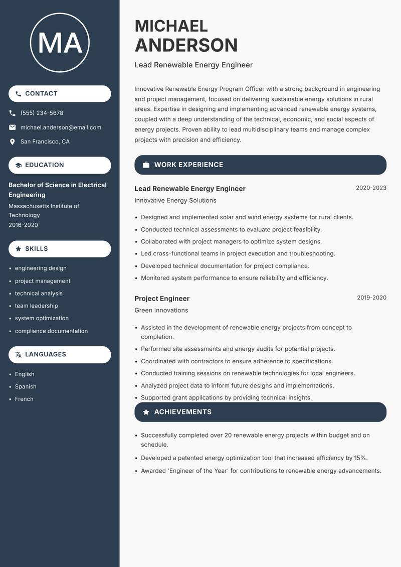 Renewable Energy Program Officer Rural resume template — Compact
