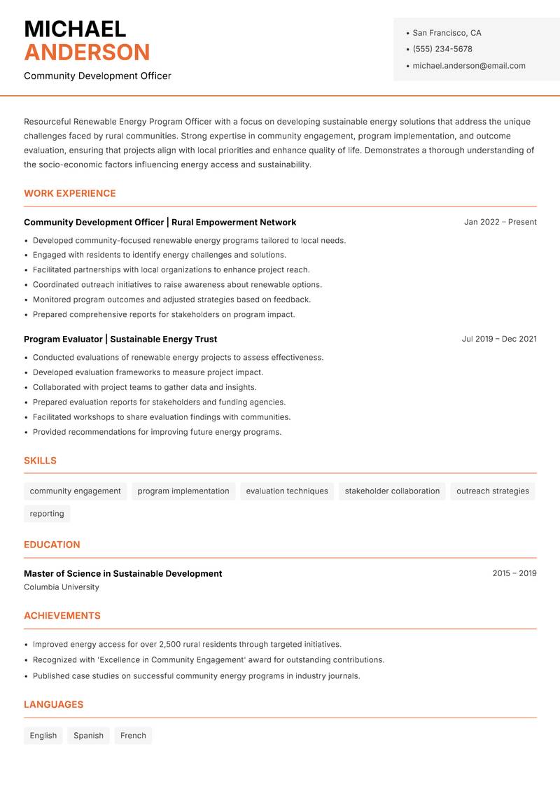 Renewable Energy Program Officer Rural resume template — Modern Professional