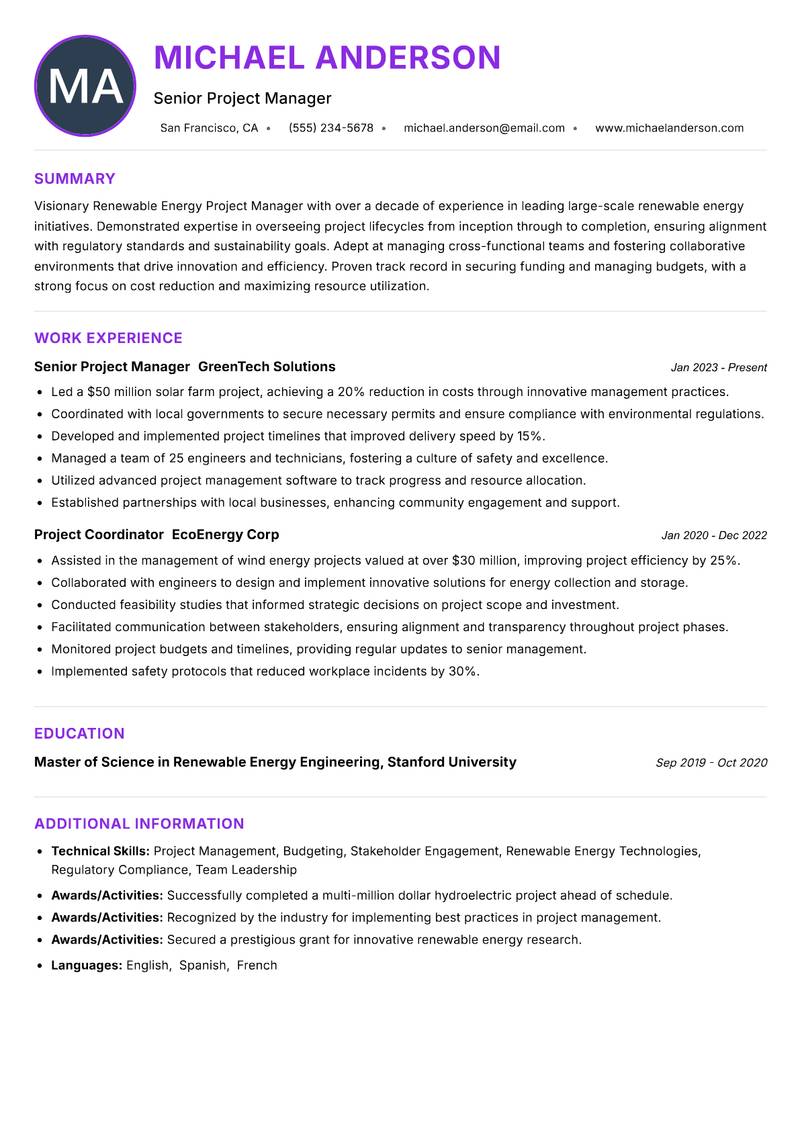 Renewable Energy Project Manager resume example — ATS-friendly template