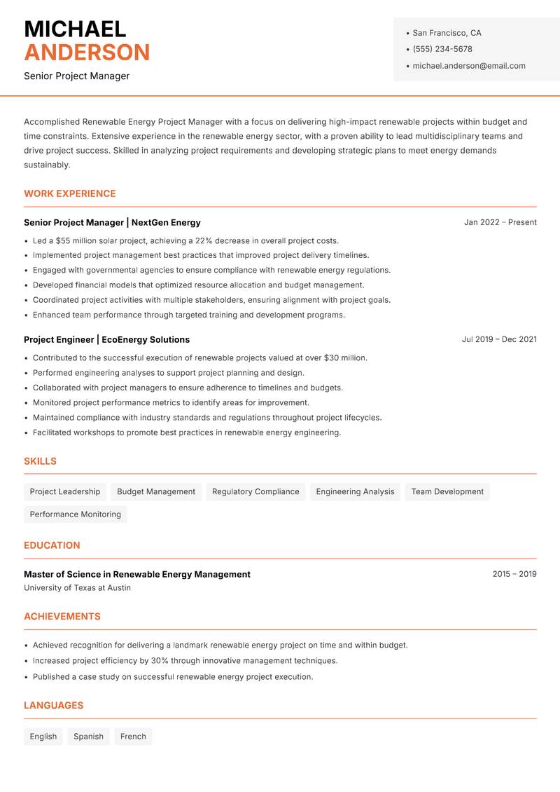 Renewable Energy Project Manager resume template — Modern Professional