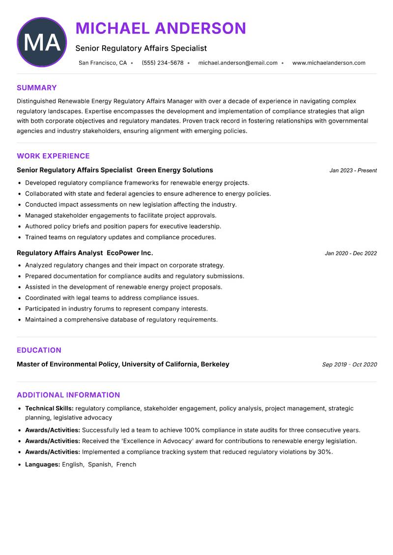Renewable Energy Regulatory Affairs Manager resume example — ATS-friendly template