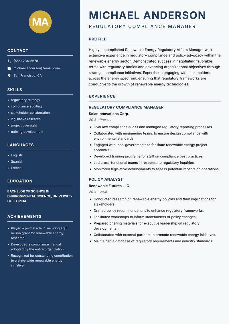 Renewable Energy Regulatory Affairs Manager resume template — Classic Clean