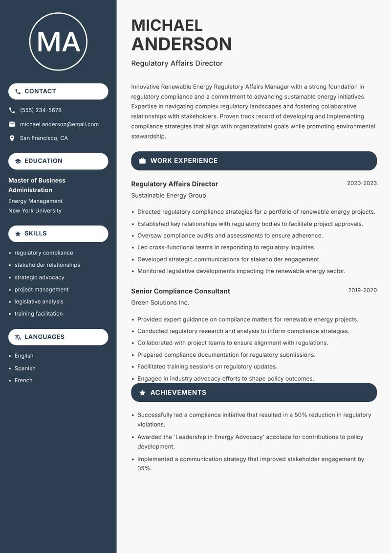 Renewable Energy Regulatory Affairs Manager resume template — Compact