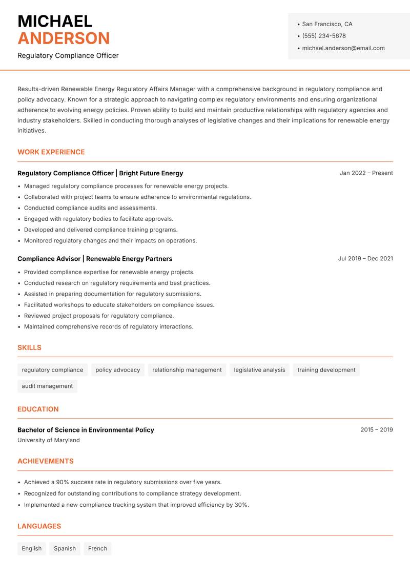 Renewable Energy Regulatory Affairs Manager resume template — Modern Professional