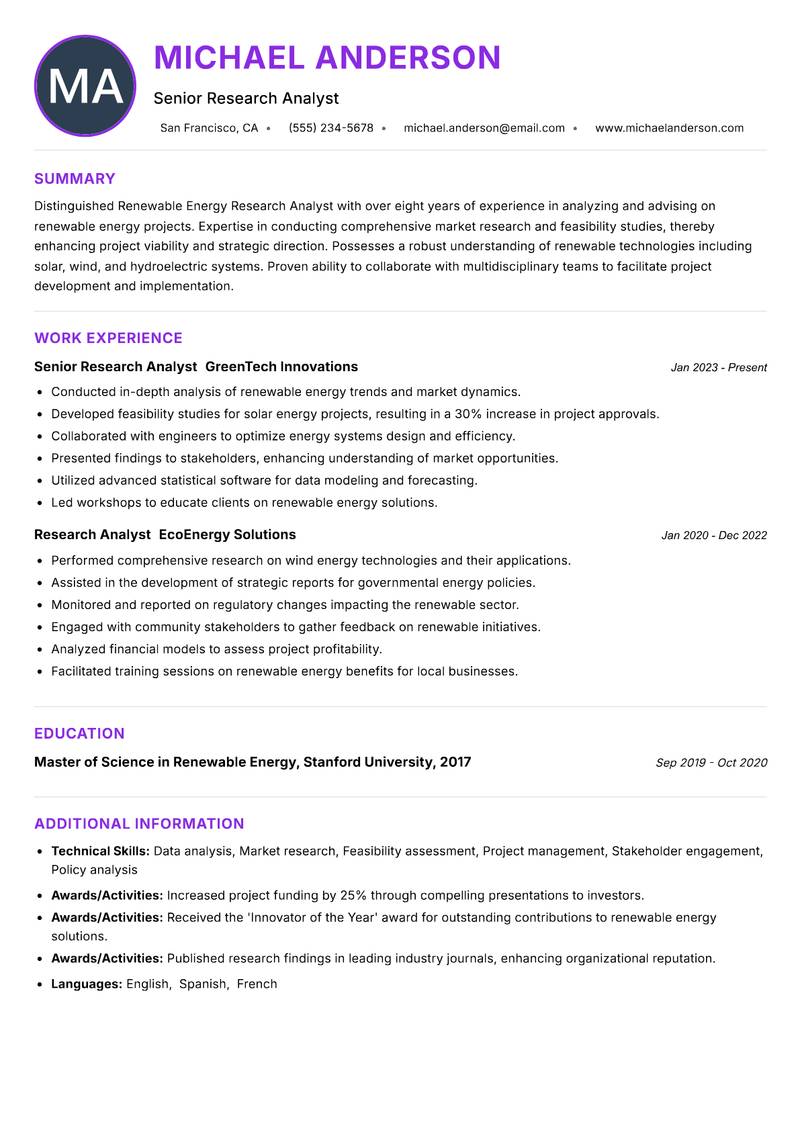 Renewable Energy Research Analyst resume example — ATS-friendly template
