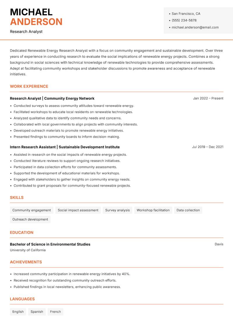 Renewable Energy Research Analyst resume template — Modern Professional