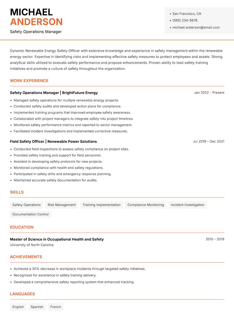 Renewable Energy Safety Officer resume template — Modern Professional