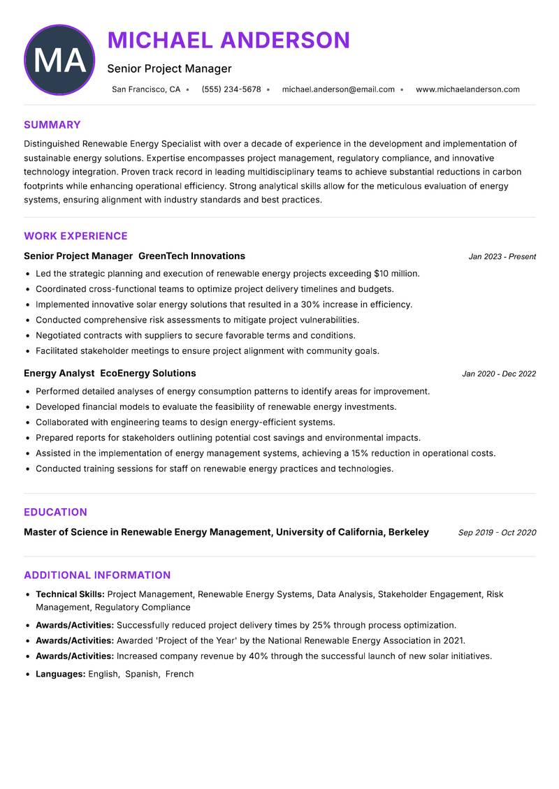 Renewable Energy Specialist resume example — ATS-friendly template