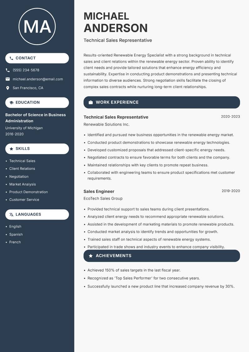 Renewable Energy Specialist resume template — Compact