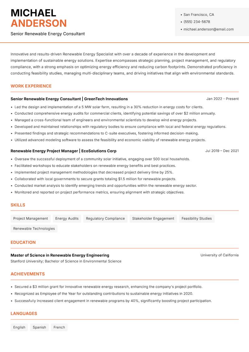 Renewable Energy Specialist resume template — Modern Professional