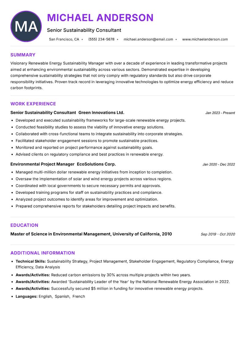 Renewable Energy Sustainability Manager resume example — ATS-friendly template