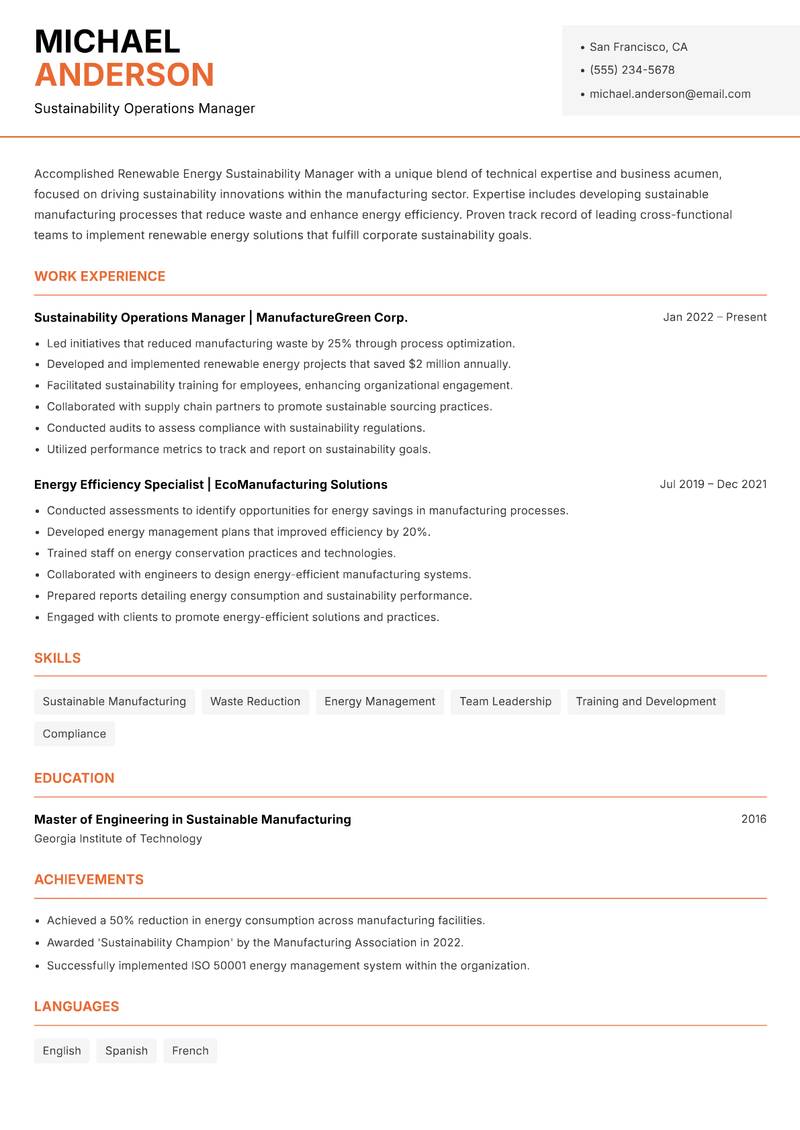 Renewable Energy Sustainability Manager resume template — Modern Professional