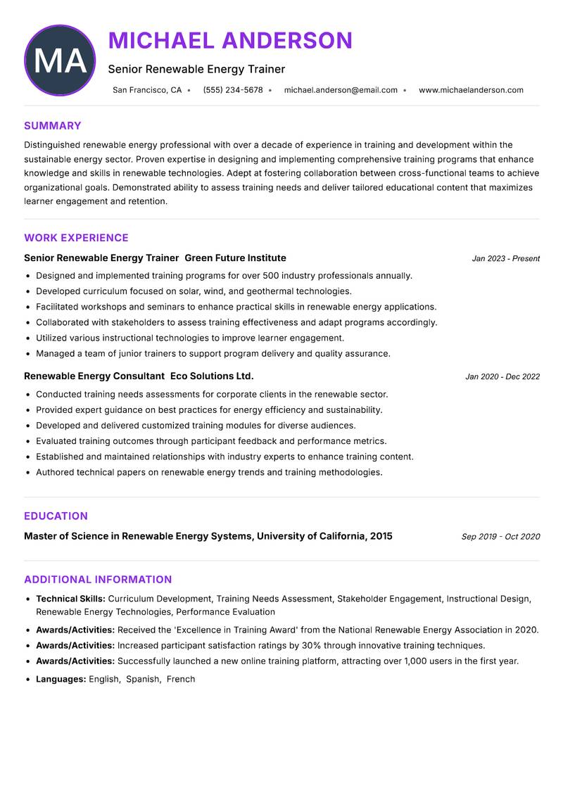 Renewable Energy Trainer resume example — ATS-friendly template