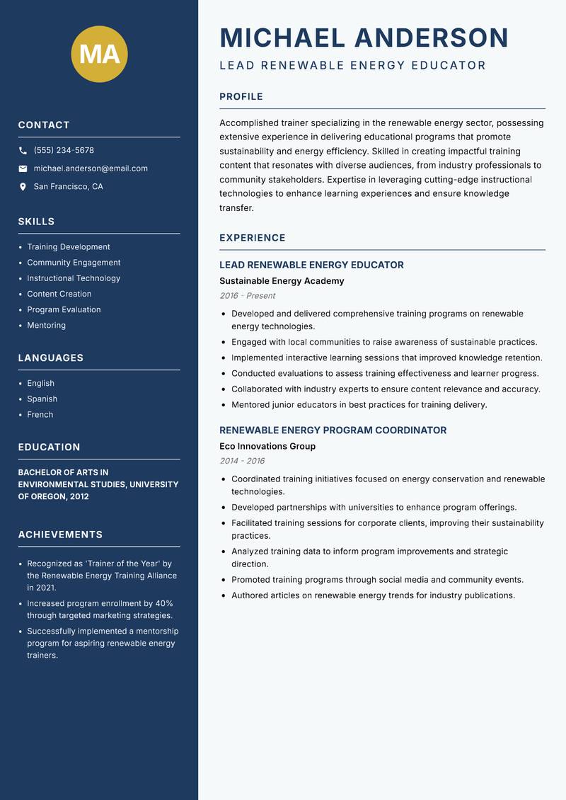 Renewable Energy Trainer resume template — Classic Clean