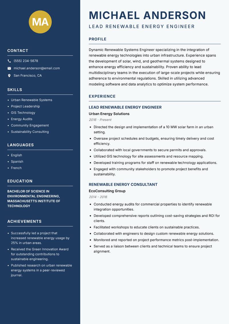 Renewable Systems Engineer resume template — Classic Clean