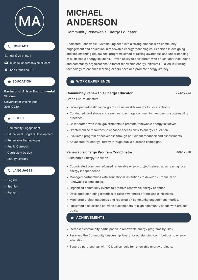 Renewable Systems Engineer resume template — Compact