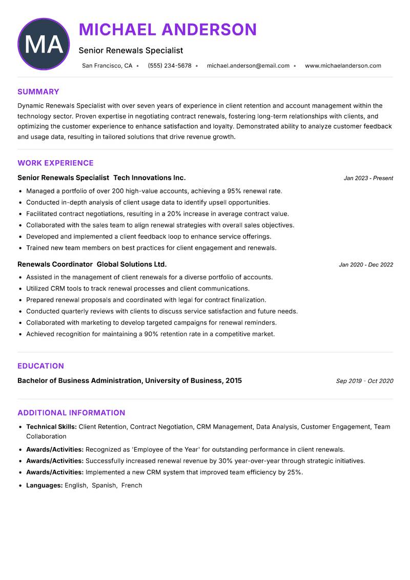Renewals Specialist resume example — ATS-friendly template
