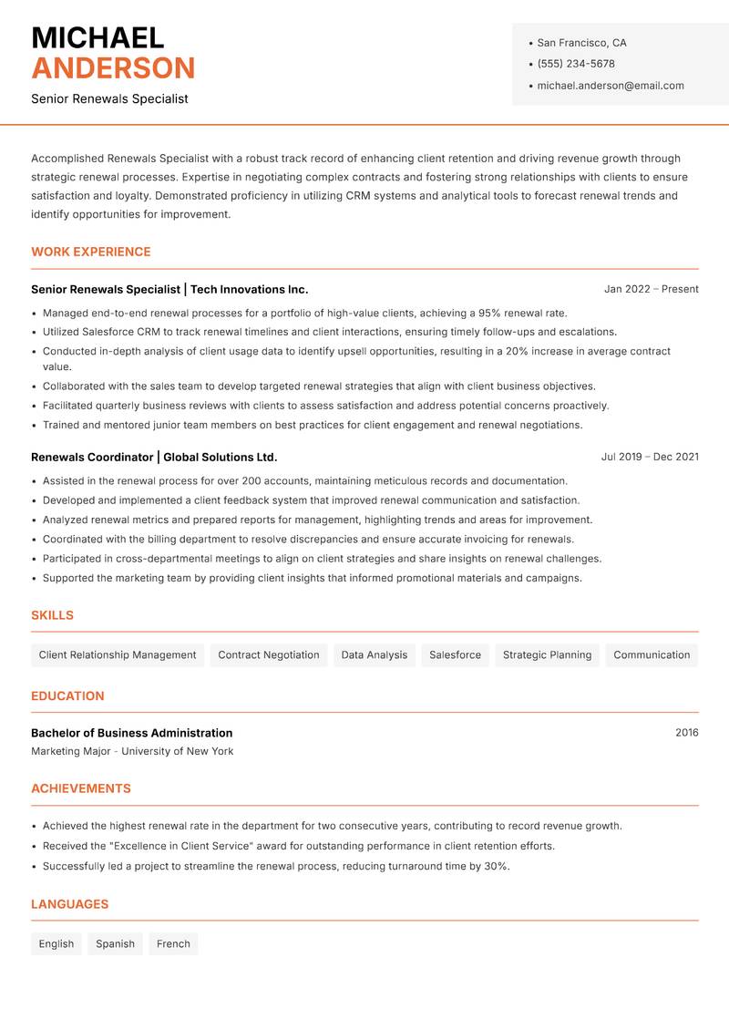 Renewals Specialist resume template — Modern Professional