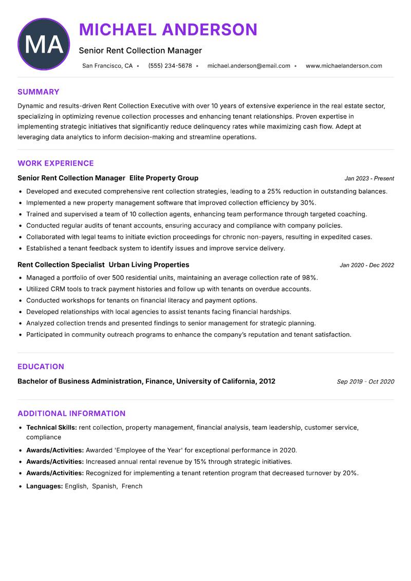 Rent Collection Executive resume example — ATS-friendly template