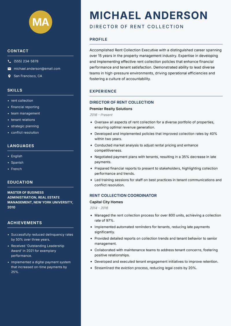 Rent Collection Executive resume template — Classic Clean