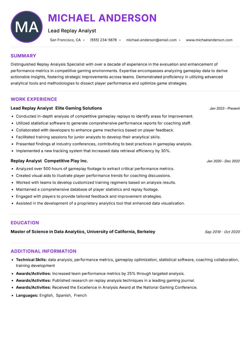Replay Analysis Specialist resume example — ATS-friendly template