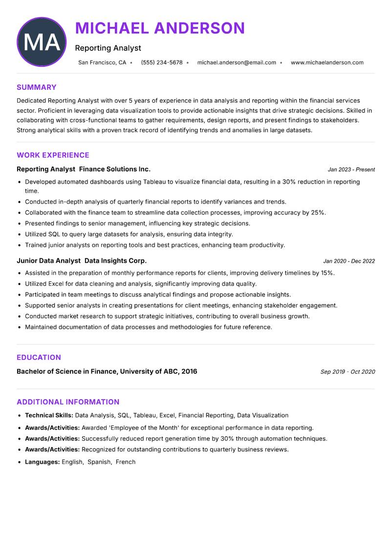 Reporting Analyst resume example — ATS-friendly template