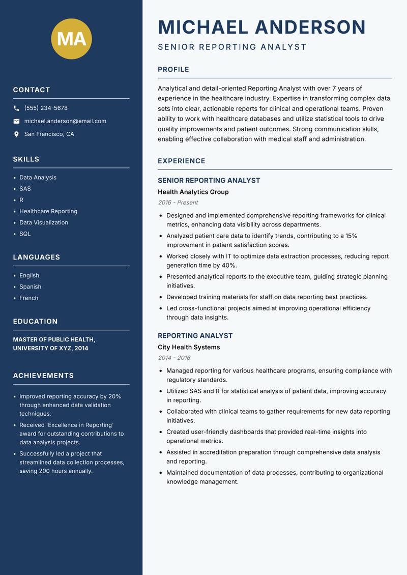 Reporting Analyst resume template — Classic Clean