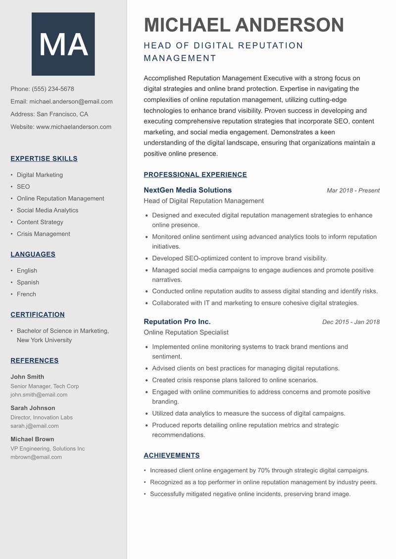 Reputation Management Executive resume template — Creative Minimal