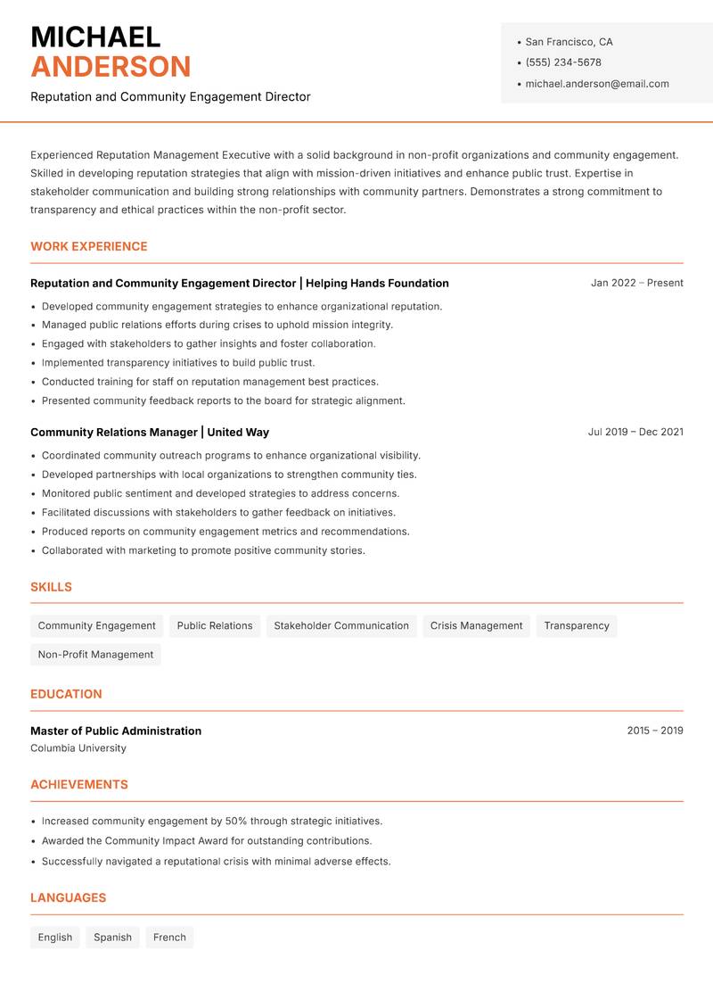 Reputation Management Executive resume template — Modern Professional