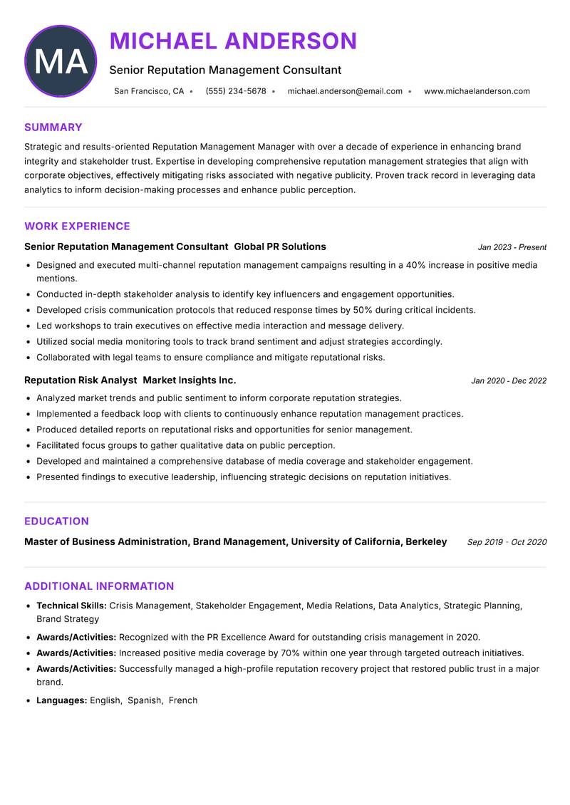 Reputation Management Manager resume example — ATS-friendly template