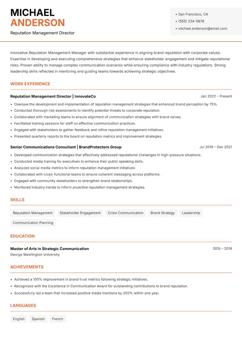 Reputation Management Manager resume template — Modern Professional