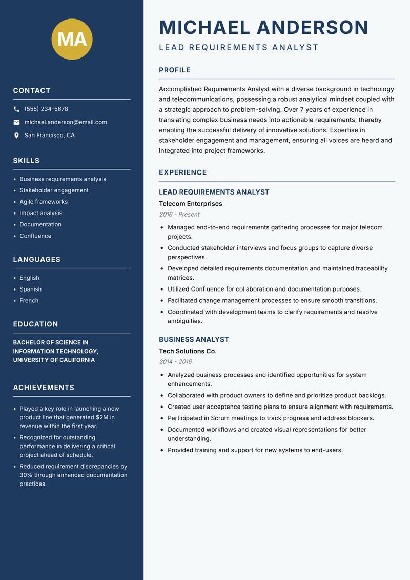 Requirements Analyst resume template — Classic Clean