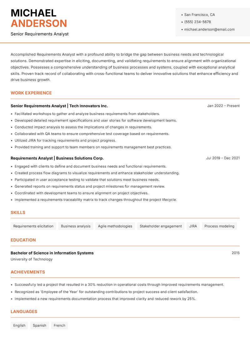 Requirements Analyst resume template — Modern Professional
