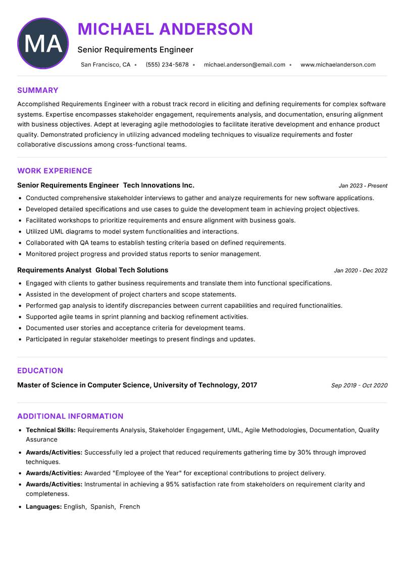 Requirements Engineer resume example — ATS-friendly template