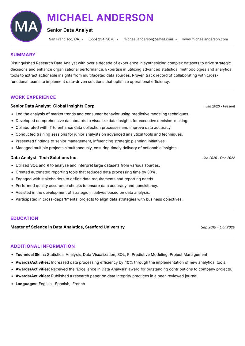Research Data Analyst resume example — ATS-friendly template