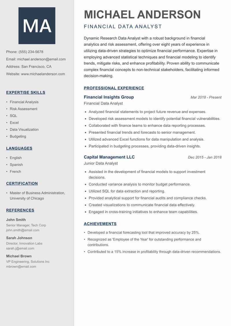 Research Data Analyst resume template — Creative Minimal